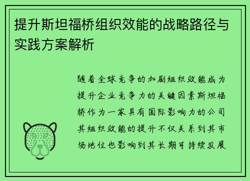 提升斯坦福桥组织效能的战略路径与实践方案解析 提升斯坦福桥组织效能的战略路径与实践方案解析