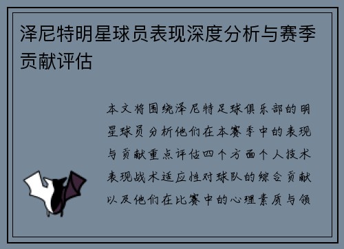 泽尼特明星球员表现深度分析与赛季贡献评估 泽尼特明星球员表现深度分析与赛季贡献评估
