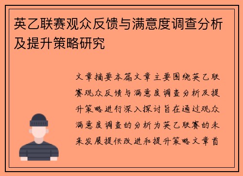 英乙联赛观众反馈与满意度调查分析及提升策略研究