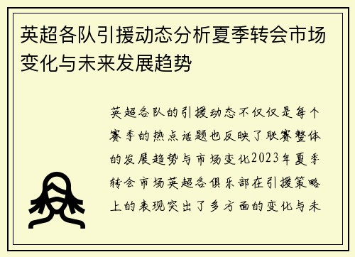 英超各队引援动态分析夏季转会市场变化与未来发展趋势